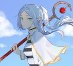  1girl black_stripes blue_sky breasts capelet closed_mouth clouds commentary day expressionless floating_hair frieren from_side green_eyes grey_hair hair_intakes high_collar highres holding holding_staff long_hair long_sleeves looking_at_viewer looking_to_the_side mage_staff outdoors over_shoulder pointy_ears shirt sidelocks sideways_glance sky small_breasts solo sousou_no_frieren staff straight_hair striped_clothes striped_shirt talnory thick_eyelashes turning_head twintails upper_body weapon weapon_over_shoulder white_capelet white_shirt 