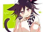  1boy 4_(nakajima4423) animal_ears arm_belt belt black_scarf cat_ears cat_tail checkered_clothes checkered_scarf commentary_request danganronpa_(series) danganronpa_v3:_killing_harmony dated fingernails hair_between_eyes hands_on_own_knees jacket kemonomimi_mode knees_up layered_sleeves light_blush long_sleeves looking_at_viewer oma_kokichi open_mouth pants paw_print purple_hair scarf short_hair simple_background sitting sleeves_past_wrists smile solo tail teeth torn_clothes torn_scarf two-tone_scarf upper_body violet_eyes white_background white_belt white_jacket white_pants white_scarf 