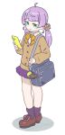  1girl ahoge alternate_costume bag blunt_bangs bow bowtie brown_cardigan brown_footwear cardigan cellphone character_charm charm_(object) closed_mouth collared_shirt crossed_legs full_body green_eyes hair_ornament hair_scrunchie half-closed_eyes highres holding holding_phone loafers long_sleeves looking_at_phone low_twintails magari_(c0rn3r) miniskirt mochi_hiyoko mochipro mode_aim orange_bow orange_bowtie phone plaid plaid_bow plaid_bowtie pleated_skirt purple_hair purple_skirt purple_socks school_bag scrunchie shirt shoes shoulder_bag simple_background skirt smartphone socks solo standing twintails virtual_youtuber white_background white_shirt 