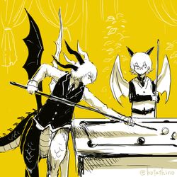  2boys ball billiard_ball centauroid commentary_request cue_stick dragon_boy dragon_horns dragon_wings horns hotathino indoors long_sleeves looking_to_the_side male_focus monochrome monster_boy multiple_boys multiple_horns original pool_table short_hair simple_background standing table taur vest wings yellow_background 