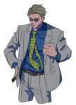  1boy belt blonde_hair blue_shirt brown_belt collared_shirt cowboy_shot goggles grey_jacket grey_pants grey_suit highres jacket jujutsu_kaisen male_focus nanami_kento necktie pants shirt solo suit suit_jacket sumio_(smosmo) watch watch yellow_necktie 