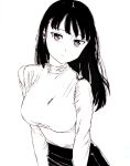  1girl bad_id bad_pixiv_id black_hair black_skirt breasts closed_mouth dende_(dndn222) earrings greyscale highres jewelry large_breasts long_hair long_sleeves looking_at_viewer monochrome original scan scan_artifacts shirt skirt solo standing traditional_media turtleneck 