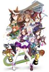  6+girls :o absurdres animal_ears armband ascot asymmetrical_footwear black_coat blue_eyes blue_hat boots bow bowtie breasts brown_hair brown_vest capelet closed_mouth coat confetti cropped_jacket cup ear_bow epaulettes fingers_to_cheeks floating_hair grass_wonder_(umamusume) green_eyes hair_over_one_eye hairband highres holding holding_cup horse_ears horse_girl horse_tail hukurou96 jacket long_hair long_sleeves medium_breasts mejiro_mcqueen_(umamusume) mihono_bourbon_(umamusume) miniskirt mismatched_footwear multicolored_hair multiple_girls neck_ribbon open_mouth orange_hair outstretched_arm own_hands_clasped own_hands_together petticoat pink_eyes pointing ponytail purple_footwear purple_hair racetrack reaching reaching_towards_viewer ribbon rice_shower_(umamusume) shirt silence_suzuka_(umamusume) single_epaulette skirt smile special_week_(umamusume) streaked_hair symboli_rudolf_(umamusume) tail teacup thigh-highs tokai_teio_(umamusume) trophy two-tone_hair umamusume vest white_ascot white_background white_footwear white_hair white_jacket white_shirt white_skirt white_thighhighs wristband 