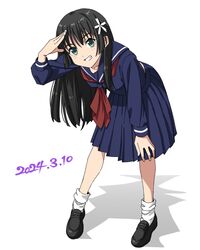  1girl black_footwear black_hair blue_sailor_collar blue_serafuku blue_skirt blush commentary_request dated flower full_body genny grin hair_flower hair_ornament loafers long_hair neckerchief red_neckerchief sailor_collar sakugawa_school_uniform saten_ruiko school_uniform serafuku shoes simple_background skirt smile socks solo standing teeth toaru_kagaku_no_railgun toaru_majutsu_no_index white_background white_socks winter_uniform 