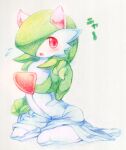  animal_ears blush cat_ears colored_skin dress flying_sweatdrops gardevoir hair_over_one_eye highres looking_at_viewer multicolored_skin parted_lips paw_pose pink_eyes pokemon pokemon_(creature) simple_background traditional_media two-tone_skin white_dress white_skin yu_yun 