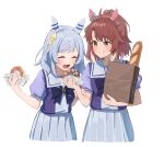  ^_^ absurdres ahoge animal_ears bag baguette bow bowtie bread brown_hair cidersour closed_eyes dantsu_flame_(umamusume) doughnut ear_covers food grey_hair hairband highres hishi_miracle_(umamusume) holding holding_bag holding_food horse_ears horse_girl horseshoe_ornament looking_at_another multicolored_hair pink_hairband pleated_skirt pon_de_ring puffy_short_sleeves puffy_sleeves purple_bow purple_bowtie purple_shirt sailor_collar sailor_shirt school_uniform shirt shopping_bag short_sleeves simple_background skirt smile tracen_school_uniform two-tone_hair umamusume white_background white_hair white_skirt yellow_eyes 