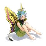  1girl antennae aqua_hair barefoot butterfly_wings closed_mouth dress eternity_larva fairy full_body green_dress hair_between_eyes highres insect_wings leaf leaf_on_head leash_(user_yzzk4247) multicolored_clothes multicolored_dress red_eyes short_hair short_sleeves simple_background smile solo toes touhou white_background wings 