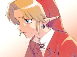  1boy belt belt_buckle blonde_hair blue_eyes brown_belt buckle collared_shirt commentary_request earrings from_side gradient_background hat jewelry link male_focus milestone_celebration official_alternate_costume parted_lips pointy_ears portrait red_background red_hat red_tunic shirt shoulder_belt solo sweat the_legend_of_zelda the_legend_of_zelda:_ocarina_of_time tunic white_background yamori_(yamoooon21) 