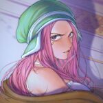  1girl anti-eyebrow_piercing brown_jacket camisole close-up english_commentary green_hat hat highres jacket jewelry_bonney long_hair looking_at_viewer mygiorni off_shoulder one_piece pink_hair profile red_lips shadow solo upper_body violet_eyes white_camisole 