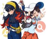  2girls ;d backpack bag black_hair blue_jacket blue_pants blueberry_academy_school_uniform braid brown_eyes brown_hair carmine_(pokemon) closed_mouth colored_inner_hair eyelashes fanny_pack hairband hand_on_own_hip hat holding holding_poke_ball jacket juliana_(pokemon) long_hair long_sleeves looking_at_viewer multicolored_hair multiple_girls naranja_academy_school_uniform necktie one_eye_closed open_mouth orange_necktie orange_shorts pants poke_ball poke_ball_(basic) pokemon pokemon_sv qnqn_1020 redhead school_uniform shirt short_sleeves shorts single_braid smile teeth two-tone_hair upper_body upper_teeth_only white_hat white_shirt yellow_eyes yellow_hairband 