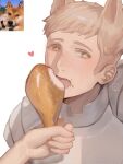  +_+ 1boy animal animal_ears armor artist_name brown_eyes brown_hair chicken_(food) colored_eyelashes disembodied_limb dog dog_boy dog_ears drooling dungeon_meshi eating eikop english_commentary fang food food_on_face heart highres holding holding_food kemonomimi_mode logo looking_at_viewer male_focus open_mouth pauldrons pov reference_inset short_hair shoulder_armor simple_background skin_fang twitter_username undercut upper_body very_short_hair white_background 
