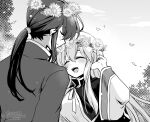  1boy 1girl alternate_costume brother_and_sister closed_eyes fire_emblem fire_emblem:_genealogy_of_the_holy_war flower_wreath head_wreath julia_(fire_emblem) long_hair monochrome open_mouth ponytail seliph_(fire_emblem) siblings simple_background smile wide_sleeves yukia_(firstaid0) 