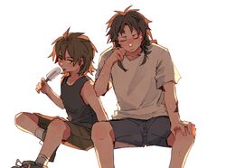  2boys alternate_costume black_shorts black_tank_top brown_hair brown_shorts closed_eyes commentary_request food green_eyes hanaya_(fude) hand_on_own_knee harada_minoru holding holding_food hot invisible_chair isoi_reiji long_hair male_focus medium_hair multiple_boys popsicle red_eyes saibou_shinkyoku scar scar_on_arm scar_on_face scar_on_forehead shirt shorts simple_background sitting socks sweat t-shirt tank_top tongue tongue_out white_background white_shirt white_socks 