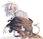  1girl ahoge antenna_hair arknights black_jacket from_side full_body grenade_pin hamha_s horns jacket looking_at_viewer orange_eyes screamsinham shadow sideways_glance simple_background squatting tail thigh-highs tongue tongue_out w_(arknights) white_background white_hair 