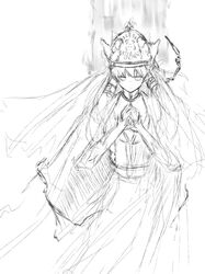  1girl cape crown elicia_(luminous_arc_2) fingerless_gloves gloves highres kagumasa long_hair looking_down luminous_arc luminous_arc_2 monochrome own_hands_together robe sidelocks simple_background sketch solo turban unfinished veil white_background 