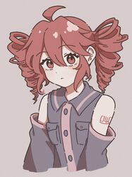  1girl ahoge bare_shoulders breast_pocket buttons closed_mouth collared_shirt cropped_torso detached_sleeves drill_hair expressionless grey_background grey_shirt grey_sleeves hair_between_eyes highres kasane_teto light_blush long_sleeves looking_at_viewer ontama_carbonara pink_eyes pink_hair pocket shirt short_hair shoulder_tattoo simple_background sleeveless sleeveless_shirt solo tattoo twin_drills utau wing_collar 