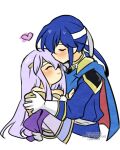  1boy 1girl blue_hair blush brother_and_sister circlet dress fire_emblem fire_emblem:_genealogy_of_the_holy_war headband heart hug implied_incest julia_(fire_emblem) kiss kissing_forehead ponytail purple_hair seliph_(fire_emblem) siblings simple_background white_headband wide_sleeves yukia_(firstaid0) 