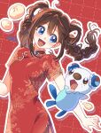  1girl :d ahoge alternate_costume alternate_hairstyle baozi blue_eyes braid brown_eyes bun_cover china_dress chinese_clothes commentary dress fangs food freckles grid_background open_mouth oshawott pokemon pokemon_(creature) pokemon_bw2 print_dress red_background red_dress rosa_(pokemon) shi_mohaji simple_background smile solo twintails 