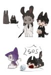  3boys absurdres animal_ears animalization astolfo_(project_moon) beeeeeebird black_eyes brown_hair cat_ears cat_tail chibi closed_eyes coat dark-skinned_male dark_skin dog dog_ears dog_tail fang hair_over_one_eye high_ponytail highres library_of_ruina long_hair long_sleeves looking_to_the_side multiple_boys olivier_(project_moon) open_mouth pants project_moon purple_hair rabbit rabbit_ears roland_(project_moon) tail vest violet_eyes white_coat white_pants white_vest 