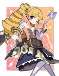  1girl archer_(disgaea) arrow_(projectile) bare_shoulders blonde_hair blue_eyes bow_(weapon) detached_sleeves disgaea dress drill_hair flat_chest highres holding holding_bow_(weapon) holding_weapon long_hair looking_at_viewer makai_senki_disgaea one_eye_closed pantyhose smile solo suaman twin_drills twintails weapon 
