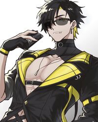  1boy black_hair black_nails cellphone collarbone earrings highres jacket jewelry male_focus monotsuki multicolored_hair necklace open_clothes original pectorals phone short_hair smartphone streaked_hair sunglasses yellow_eyes 