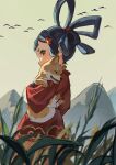  1girl animal blue_hair child dog hair_rings highres holding holding_animal japanese_clothes kimono looking_at_viewer looking_back mountainous_horizon red_kimono rice sakuna-hime solo tensui_no_sakuna-hime tss-mire 