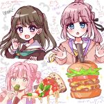  2girls :d :o ahoge anyoji_hime aqua_neckerchief black_ribbon blue_eyes blunt_bangs blush brown_dress brown_hair burger commentary_request dango doodle_inset dress eating food fujishima_megumi hair_ribbon hasu_no_sora_school_uniform holding holding_food hood hooded_jacket jacket kemari_(falmari6) link!_like!_love_live! long_hair long_sleeves looking_at_another love_live! multi-tied_hair multiple_girls neckerchief oekaki open_clothes open_jacket open_mouth pink_hair pink_jacket pizza pizza_slice ponytail ribbon sailor_collar sailor_dress school_uniform sidelocks smile swept_bangs translation_request two_side_up violet_eyes virtual_youtuber wagashi white_background white_sailor_collar winter_uniform yellow_neckerchief 