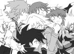  1girl 1other 4boys buib_(mekako_chan) closed_eyes commentary cropped_vest duel_academy_uniform_(yu-gi-oh!_gx) glasses greyscale highres hug hug_from_behind jacket johan_andersen long_hair mamotte_shugogetten! manjoume_jun marufuji_sho medium_hair monochrome monster_girl multicolored_hair multiple_boys no_nose open_clothes open_jacket parody round_eyewear saotome_rei simple_background spiky_hair surprised two-tone_hair vest yu-gi-oh! yu-gi-oh!_gx yubel yuki_judai 