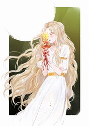  1boy armlet blonde_hair border braid closed_eyes commentary elden_ring english_commentary flower gn4aff gold_armlet highres holding holding_flower jewelry long_hair miquella_(elden_ring) sleeveless_tunic solo tunic very_long_hair wavy_hair white_border white_tunic yellow_eyes yellow_flower 