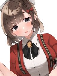  1girl asahi_(kancolle) black_ribbon braid brown_hair coat collared_shirt commentary_request dress_shirt grey_eyes hair_ribbon highres kantai_collection lips long_sleeves mole mole_under_mouth neck_ribbon red_coat ribbon shirasumato shirt short_hair simple_background single_braid smile solo upper_body white_background white_ribbon white_shirt 