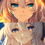  1girl black_ribbon blue_eyes blue_pupils blue_sky blush close-up closed_mouth commentary_request fire firefly_(honkai:_star_rail) grey_hair hair_between_eyes hair_ribbon highres honkai:_star_rail honkai_(series) long_hair looking_at_viewer mokota multicolored_eyes night night_sky ribbon sidelocks sideways sky smile solo teeth two-tone_eyes violet_eyes yellow_eyes 