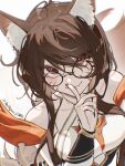  1girl ahri_(league_of_legends) animal_ear_fluff animal_ears artist_name black_hair closed_mouth facial_mark fang finger_to_mouth fingernails fox_ears glasses hair_between_eyes highres immortalized_legend_ahri league_of_legends light_particles long_hair looking_at_viewer nail_polish official_alternate_costume red_eyes red_nails shark_(theelegantshark) sidelocks skin_fang smile solo whisker_markings 