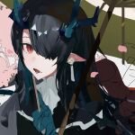  1girl alternate_costume arknights black_hair close-up colored_skin dragon_girl dragon_horns dusk_(arknights) green_horns green_skin hair_over_one_eye highres holding holding_umbrella horns looking_at_viewer multicolored_hair pointy_ears red_eyes sankichi_(croquette_crab) solo streaked_hair umbrella 