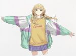  1girl blonde_hair braid fujita_kotone gakuen_idolmaster highres idolmaster jacket long_hair looking_at_viewer multicolored_clothes multicolored_jacket null_hamamo open_clothes open_jacket outstretched_arms shirt simple_background skirt smile solo spread_arms twin_braids white_background yellow_eyes yellow_shirt 