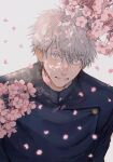  1boy blue_eyes cherry_blossoms closed_mouth expressionless flower gojou_satoru hair_between_eyes highres jujutsu_kaisen jujutsu_tech_uniform looking_at_viewer male_focus namida_a2 pink_flower pink_petals short_hair solo tree_shade upper_body white_background white_hair 