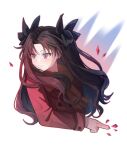  1girl black_hair bow coat fate/stay_night fate_(series) grey_eyes hair_bow hashtag-only_commentary highres long_hair looking_to_the_side natsu_(jar1010) red_coat scarf solo tohsaka_rin upper_body 