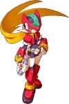 1girl absurdres aile_(mega_man_zx) archived_source armor black_bodysuit blonde_hair bodysuit boots cropped_jacket crotch_plate energy_gun forehead_jewel green_eyes gun helmet highres holding holding_gun holding_weapon jacket long_hair makoto_yabe mega_man_(series) mega_man_zx model_zx_(mega_man) official_art power_armor red_armor red_footwear red_helmet red_jacket simple_background solo weapon white_background 