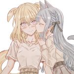  2girls animal_ears bad_id bad_pixiv_id bang_dream! bang_dream!_it&#039;s_mygo!!!!! black_ribbon blonde_hair blue_hair blush cat_ears cat_girl cat_tail closed_eyes closed_mouth dog_ears dog_girl dog_tail hair_ribbon hand_on_another&#039;s_shoulder highres junjun_(kimi-la) kemonomimi_mode kiss kissing_cheek long_hair long_sleeves medium_hair misumi_uika multiple_girls ribbon shirt short_sleeves simple_background tail togawa_sakiko upper_body violet_eyes white_background white_shirt yuri 