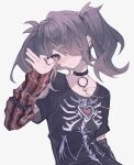  1girl ame-chan_(needy_girl_overdose) arm_warmers black_choker black_hair black_shirt choker closed_mouth earrings food hair_ornament hair_over_one_eye hand_up highres holding holding_food jewelry long_hair looking_at_viewer needy_girl_overdose o-ring o-ring_choker official_alternate_costume ok_sign qaz_(qa31281914) shirt simple_background skeleton_print solo sugar_cube t-shirt twintails upper_body x_hair_ornament 