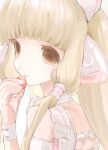  1girl bare_shoulders blonde_hair brown_eyes chii chobits comiket_103 cropped food fruit hair_tubes highres holding holding_food holding_fruit long_hair looking_to_the_side parted_lips portrait robot_ears solo strawberry youyuu_(melt_yo103) 