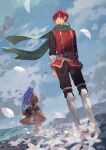  1boy 1girl adol_christin armored_boots arms_at_sides arms_behind_back blue_eyes blue_hair blue_sky boots clouds cloudy_sky commentary_request dated dress facing_away facing_viewer falling_petals field flower flower_field from_below full_body green_scarf hair_between_eyes hill kiruri_(mimosayoshi) light_particles long_hair looking_to_the_side outdoors petals red_tunic redhead scarf short_hair sky standing tia_(ys) white_flower wind wind_lift ys 