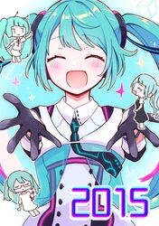  2015 4girls :d aka_pen_onegai_shimasu_(vocaloid) andromeda_andromeda_(vocaloid) antennae aoiyui aqua_hair black_dress black_gloves blue_background closed_eyes commentary crying cube dress glasses gloves hatsune_miku headset highres holding magical_mirai_(vocaloid) magical_mirai_miku magical_mirai_miku_(2015) mairieux_(vocaloid) multiple_girls multiple_persona necktie neon_trim reaching reaching_towards_viewer see-through smile sparkle twintails vocaloid 