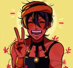  1boy absurdres artist_name black_choker black_hair black_nails choker closed_eyes commentary english_commentary headband highres huyandere jojo_no_kimyou_na_bouken male_focus narancia_ghirga open_mouth orange_headband portrait signature smile solo v vento_aureo 