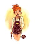  1girl animal_print artist_request bat_print batarang batgirl batman_(series) closed_mouth commentary dc_comics english_commentary highres insignia mikemaihack official_art orange_hair overalls redhead shorts simple_background sketch smile solo white_background 