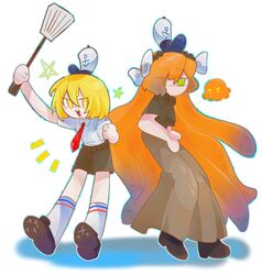 2girls awastegrass blonde_hair bow brown_hairband cosplay don_quixote_(project_moon) full_body green_eyes hair_bow hairband hat highres holding holding_spatula ishmael_(project_moon) limbus_company long_hair looking_at_viewer multiple_girls open_mouth orange_hair project_moon rope short_hair simple_background smile spatula spongebob_squarepants spongebob_squarepants_(character) spongebob_squarepants_(cosplay) spongebob_squarepants_(series) squidward_tentacles squidward_tentacles_(cosplay) tentacle_hair very_long_hair white_background white_bow yellow_eyes