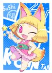  1girl animal_ears blonde_hair blue_background fangs fox_ears fox_girl fox_tail kon-tan looking_at_viewer nollety one_eye_closed open_mouth pink_eyes short_hair solo tail youkai_(youkai_watch) youkai_watch 