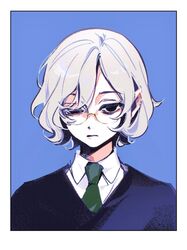  1boy black_eyes black_sweater border closed_mouth collared_shirt crooked_eyewear dungeon_meshi glasses green_necktie hair_between_eyes highres looking_at_viewer male_focus mithrun necktie portrait rourow school_uniform scowl shirt short_hair sidelocks solo straight-on sweater v-neck white_border white_hair white_shirt 