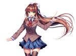  1girl artist_name black_thighhighs blazer blue_skirt blush bow breasts brown_hair brown_jacket brown_vest collared_shirt doki_doki_literature_club floating_hair green_eyes hair_between_eyes hair_intakes hand_up high_ponytail index_finger_raised jacket layered_sleeves long_hair long_sleeves looking_at_viewer monika_(doki_doki_literature_club) neck_ribbon open_mouth pleated_skirt ponytail red_ribbon ribbon sasucchi95 shirt sidelocks simple_background skirt smile solo teeth thigh-highs upper_teeth_only very_long_hair vest walking white_background white_bow white_shirt 