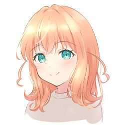  1girl aqua_eyes blush brown_sweater closed_mouth cropped_torso crossed_bangs highres hinoshita_kaho link!_like!_love_live! looking_at_viewer love_live! medium_hair orange_hair simple_background smile solo split_mouth sweater two_side_up virtual_youtuber white_background yutuki_ame 