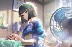  1girl black_hair blue_kimono blunt_bangs blunt_ends box calendar_(object) cardboard_box closed_mouth concentrating curtains cutting electric_fan fabric flower flower_knot game_cg green_eyes hair_flower hair_ornament highres holding holding_scissors indoors japanese_clothes kimono link!_like!_love_live! love_live! momose_ginko motion_blur official_alternate_costume official_art painting_(object) scissors short_hair sitting sleeves_past_elbows sleeves_rolled_up solo split_mouth third-party_source upper_body virtual_youtuber wind_chime window_shadow 